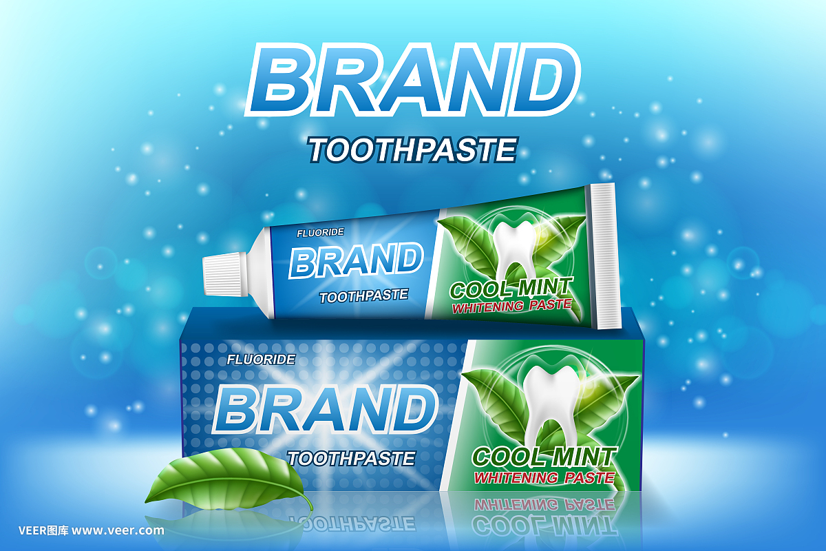 薄荷牙膏廣告。牙齒模型和產品包裝設計的牙科保健海報或廣告。3 d矢量圖